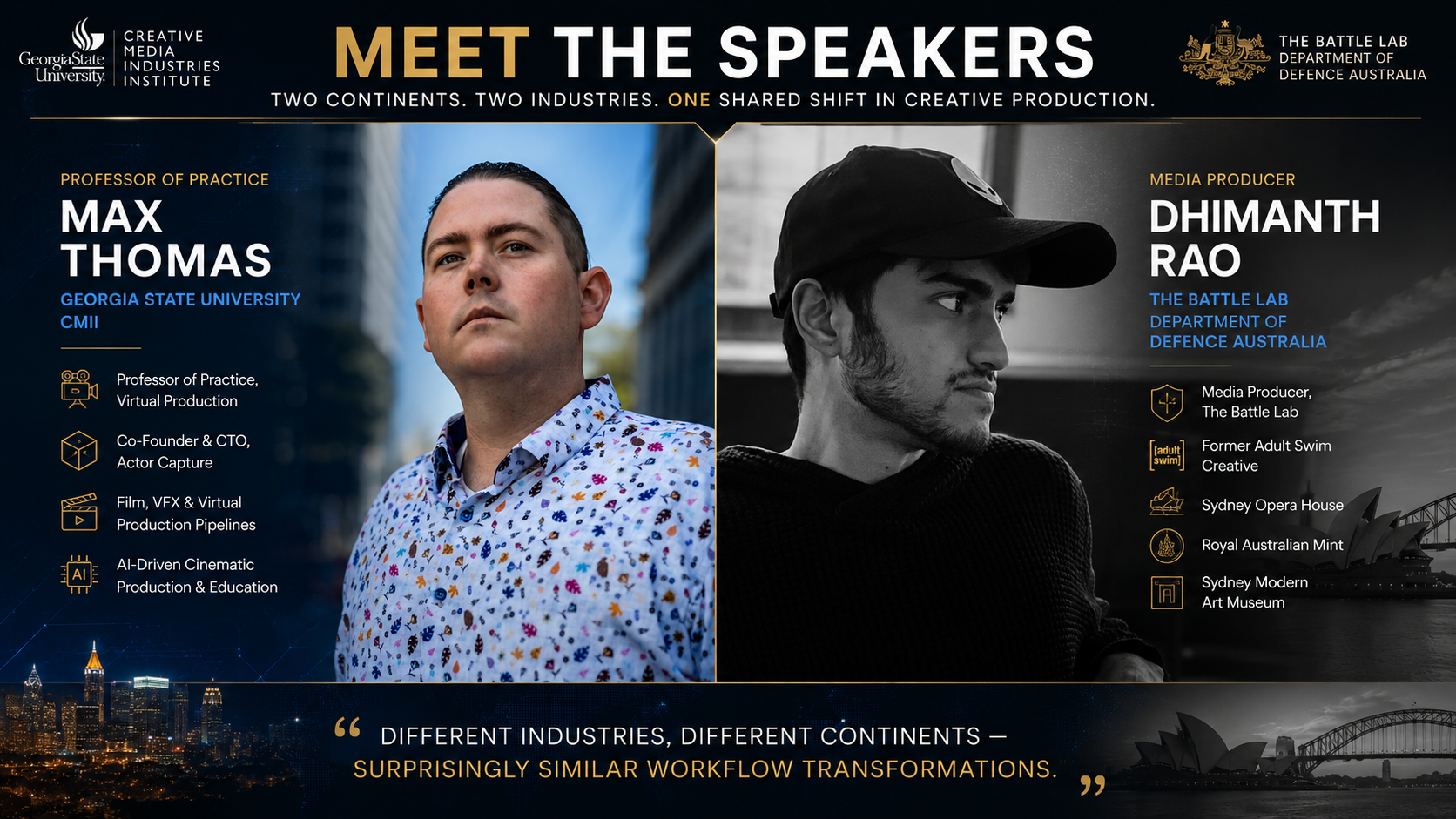 Meet the Speakers slide featuring Max Thomas of Georgia State University CMII and Dhimanth Rao of The Battle Lab, Department of Defence Australia
