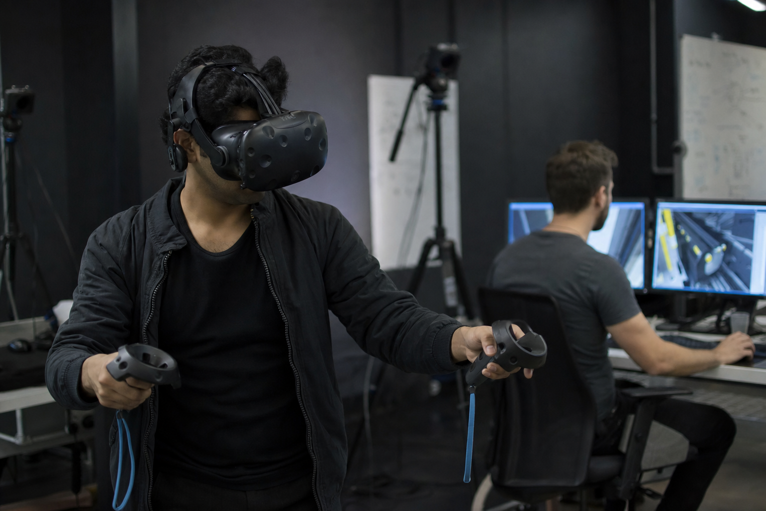 Representative enterprise VR training lab with a trainee using a Vive-style headset and a technical artist monitoring the simulation
