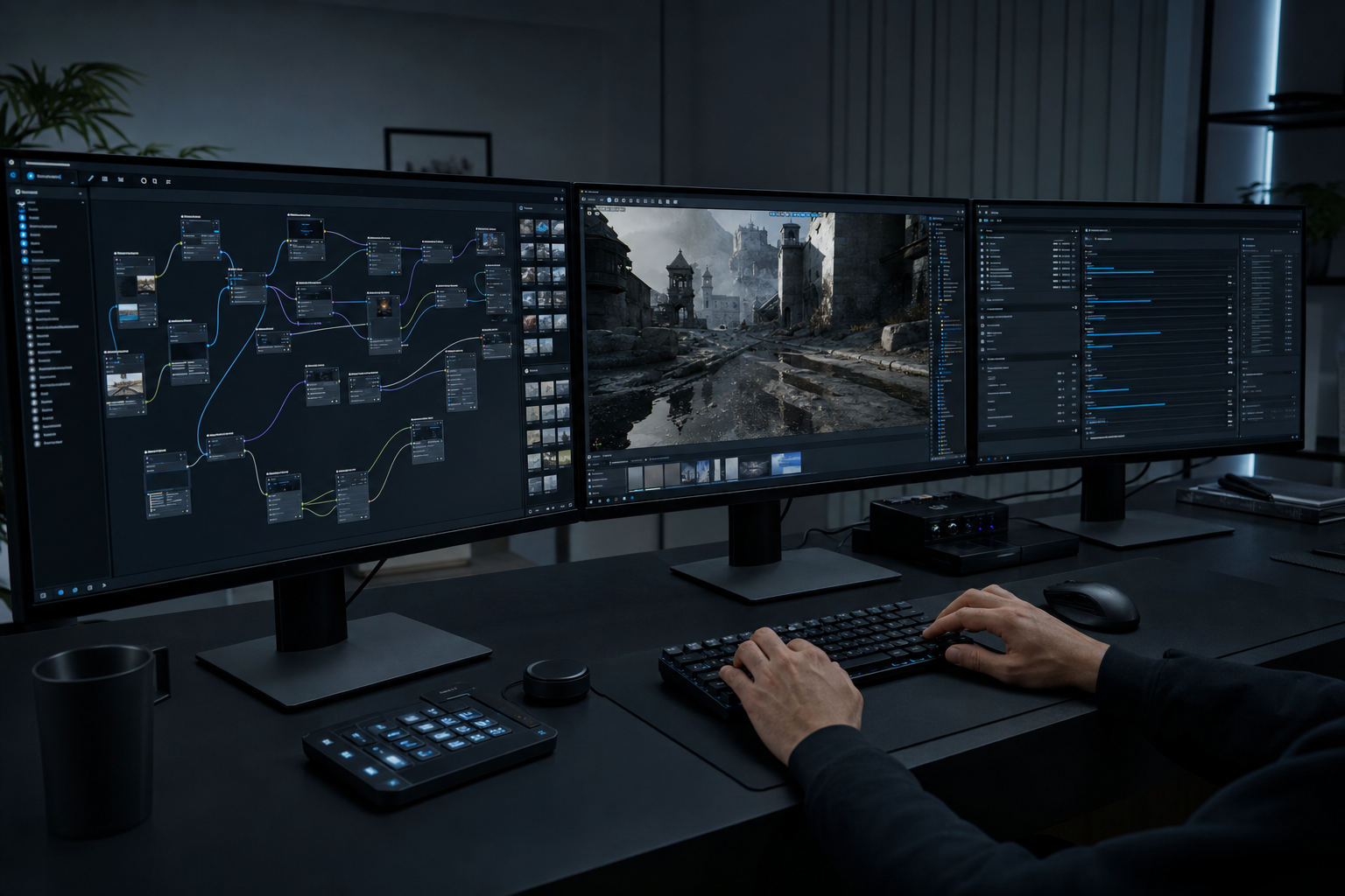 Representative agentic production workspace connecting project knowledge, 3D assets, code, automation, and real-time tools