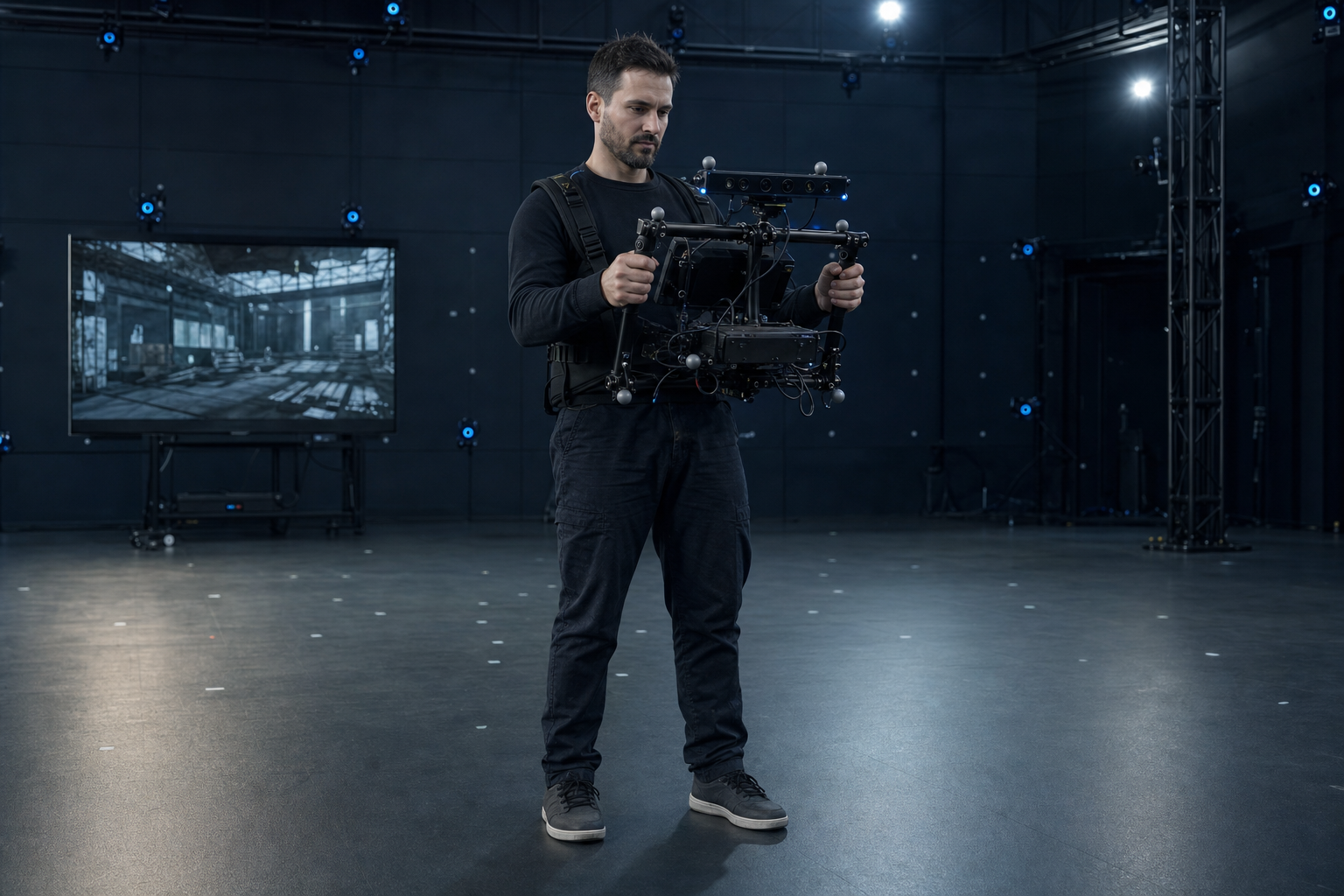 Representative technical artist operating a custom tracked virtual-camera rig inside a motion-capture stage