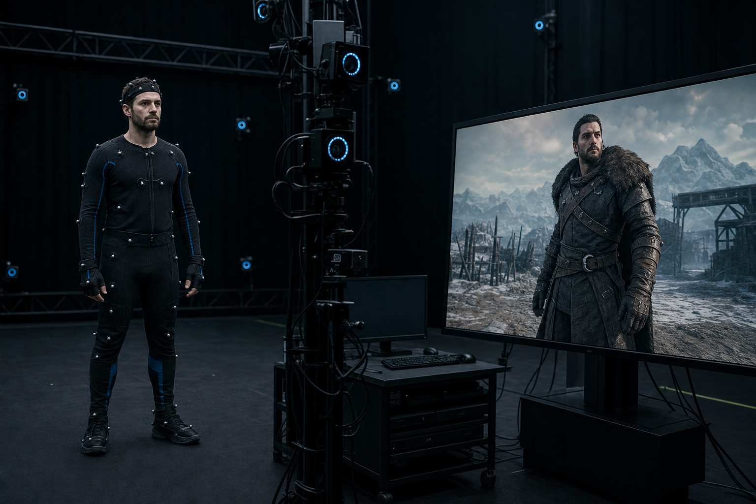 Representative real-time production pipeline connecting a motion-capture performer, optical tracking system, and rendered 3D character